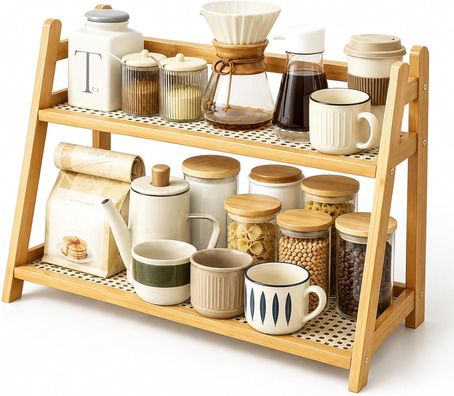 2-stöckiger Küchenorganizer Aus Bambus-rattan, Küchenregal 45 X 18 X 28,5 Cm, Kaffeeregal, Tassenablage, Becherhalter, Für Tee, Kaffee, Bar, Gewürze