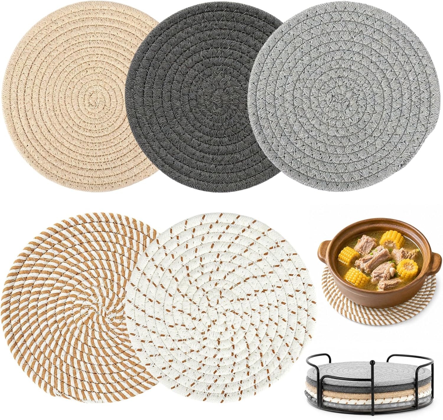 Set Mit 5 Hitzebeständigen Untersetzern, Dekorativen Untersetzern, 20 Cm Runde Untersetzer Aus Gewebter Baumwolle Für Tisch, Küche, Schüsseln, Töpfe, Pfannen, Teekannen (5 Farben)