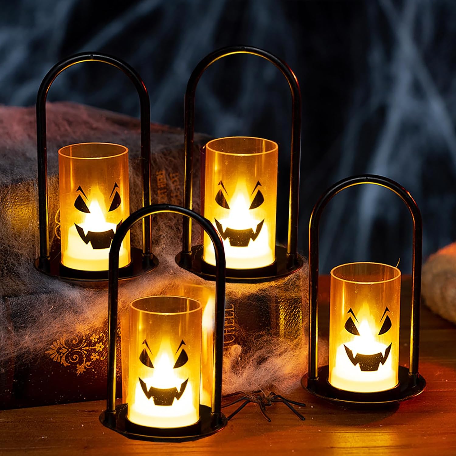 Set Mit 4 Led-halloweenlaternen Für Den Außenbereich Mit Batterien, Geisterlaterne, Kürbis, Hexe, Geisterdekoration Zum Aufhängen Im Innen- Oder Außenbereich (4 Led-halloweenkerzen)