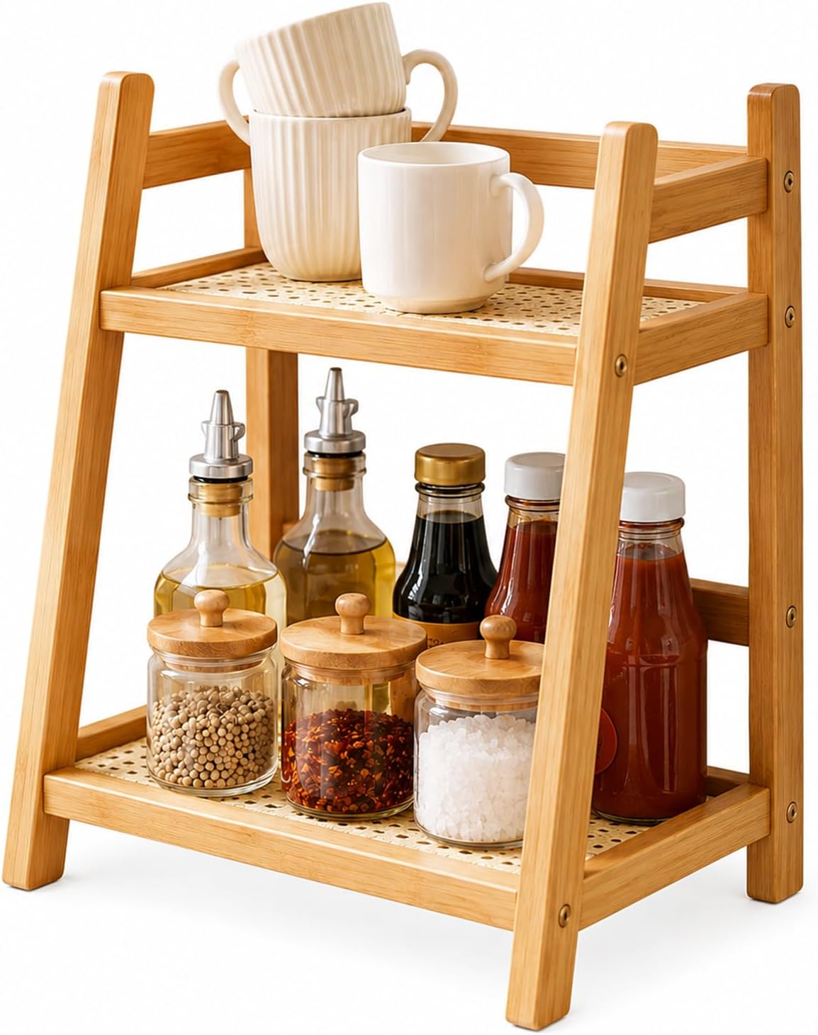 2-stöckiger Küchenorganizer Aus Bambus-rattan, 26 X 18 X 28,5 Cm, Küchenregal, Kaffeeregal, Tassenablage, Becherhalter, Für Tee, Kaffee, Barzubehör, Gewürze