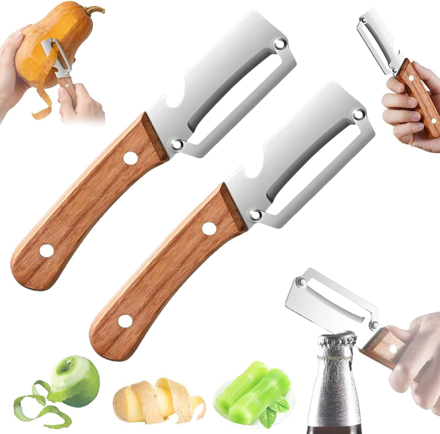 Professioneller Gemüseschäler, 2-in-1 Edelstahlschäler, Holzgriff, Breite Klinge, Integrierter Flaschenöffner, Küchenhelfer Für Kartoffeln, Karotten, Gurken, Äpfel Und Obst (silber)