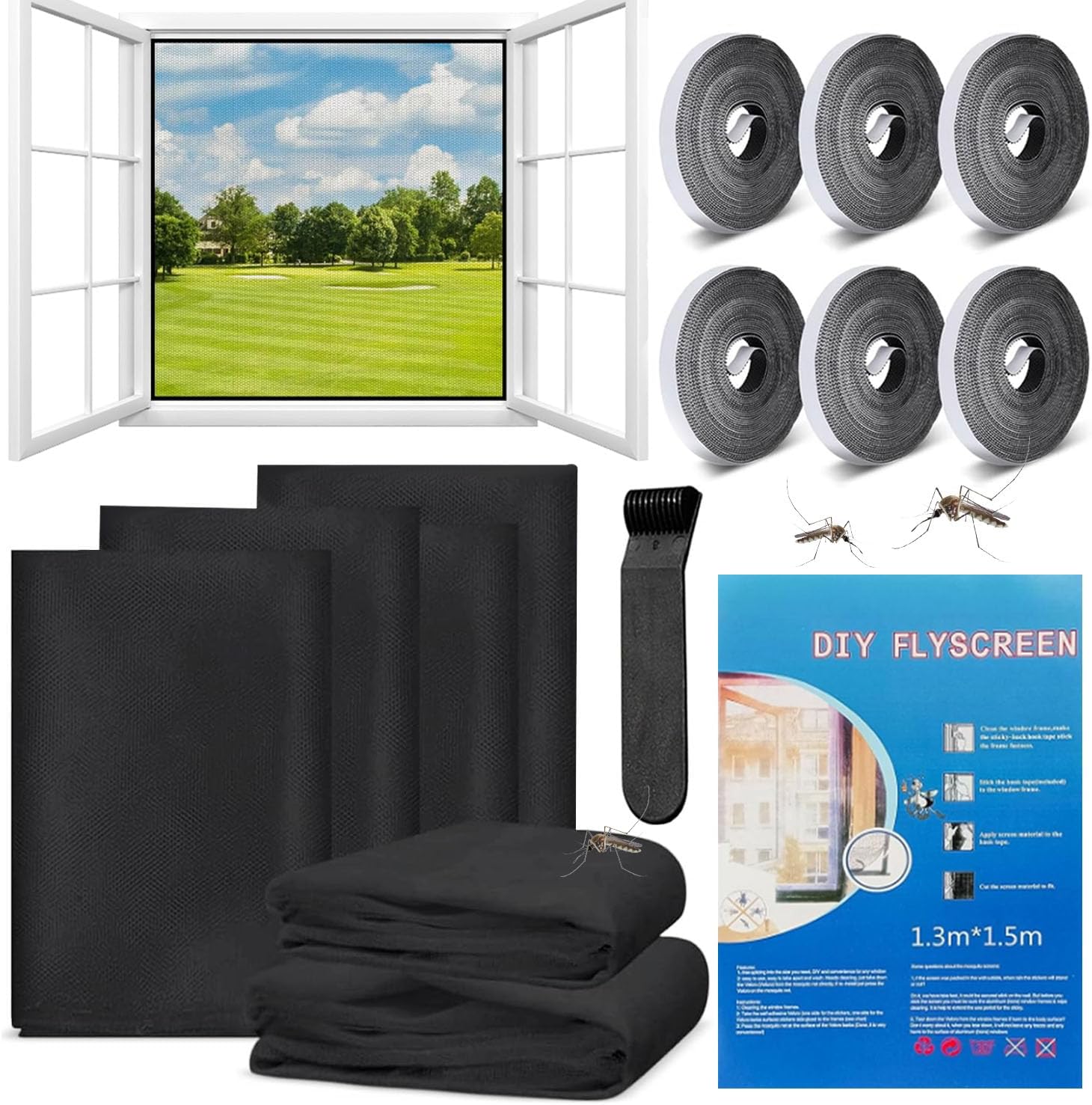 Fenster-moskitonetz, 6er-set Mit 6 Rollen Selbstklebenden Streifen, Universeller Moskitoschutz, Schützt Ihre Familie Vor Insekten, 130 X 150 Cm