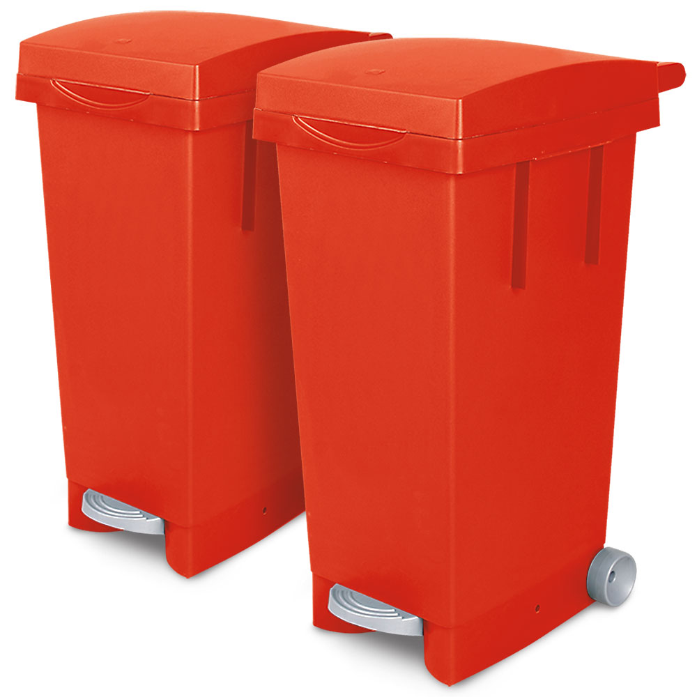 Brb Set, 2x 80 Liter Abfallbehälter Mit Rollen, Fußpedal, Selbstschließender Deckel, Klemmring Für Müllsäcke (rot)