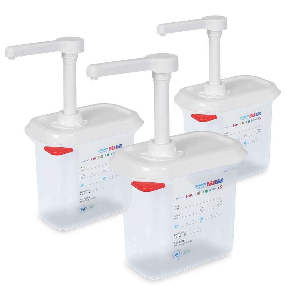 Brb 3x Pumpspender Für Saucen, 1,5 Liter, Pro Hub 30 Ml, Mit Dichtschließendem Deckel, Pp, Lxbxh 176x108x190 Mm