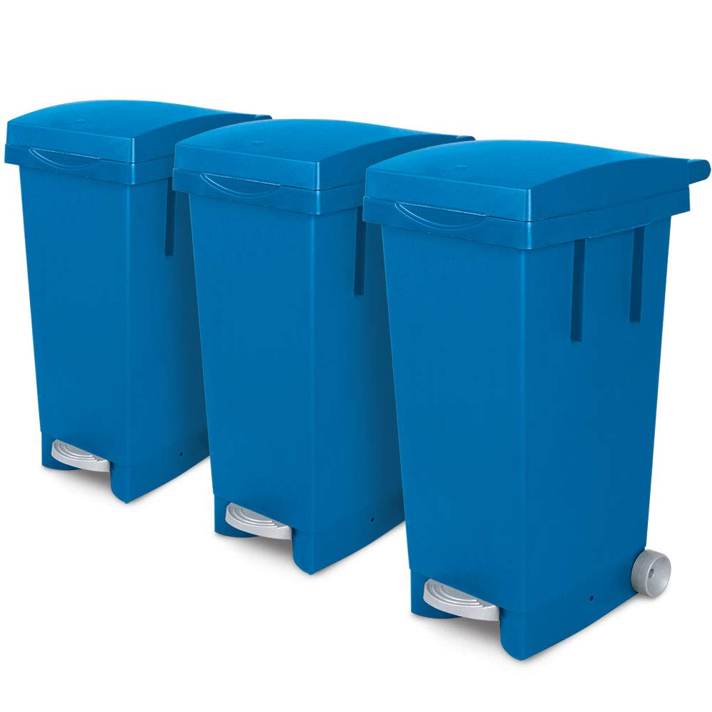 Brb Set, 3x 80 Liter Abfallbehälter Mit Rollen, Blau, Fußpedal, Selbstschließender Deckel, Klemmring Für Müllsäcke