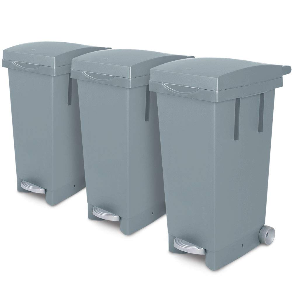 Brb Set, 3x 80 Liter Abfallbehälter Mit Rollen, Grau, Fußpedal, Selbstschließender Deckel, Klemmring Für Müllsäcke