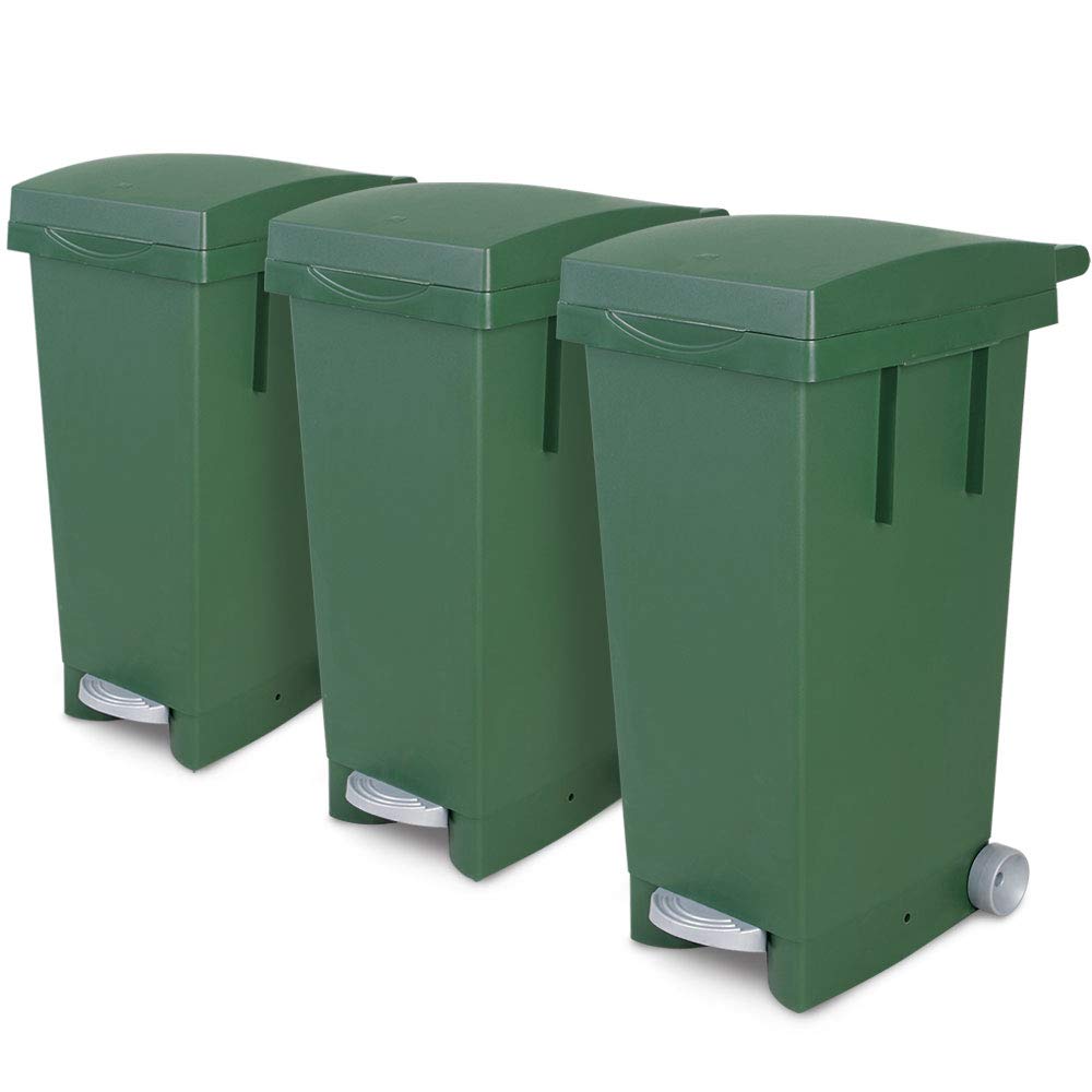Brb Set, 3x 80 Liter Abfallbehälter Mit Rollen, Grün, Fußpedal, Selbtschließender Deckel, Klemmring Für Müllsäcke