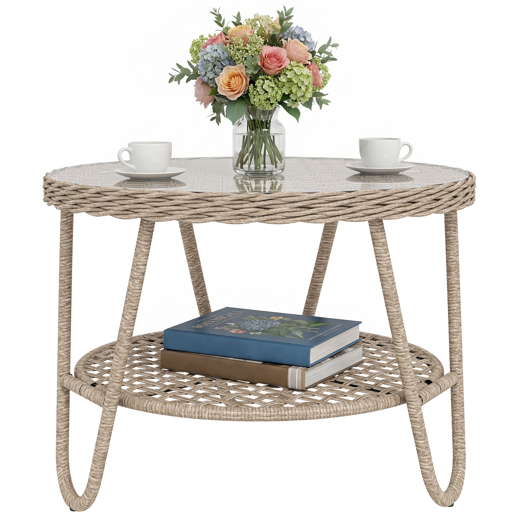 Beistelltisch Aus Polyrattan 2-stöckiger Kaffeetisch Mit Ablage Glasplatte Verstellbaren Füßen 65 X 65 X 50 Cm Gelb
