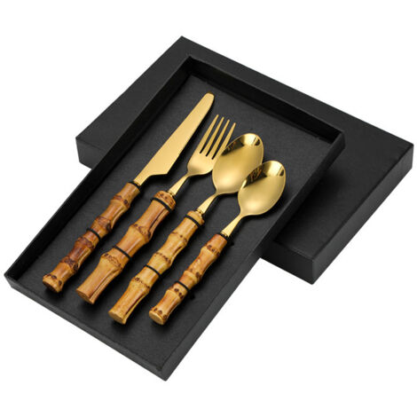 Bunthaus Western-küchenutensilien-set Aus Edelstahl, Western-steakmesser, Gabel Und Löffel (4-teiliges Set) (griff Aus Edelstahl/bambus, Gold (farbe))