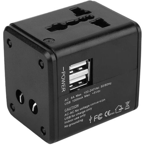 Bunthaus Universeller Weltweiter Reiseadapter, Multifunktionaler Dual-usb-internationaler Reiseadapter Ac 110 250 V 6 A (schwarz)