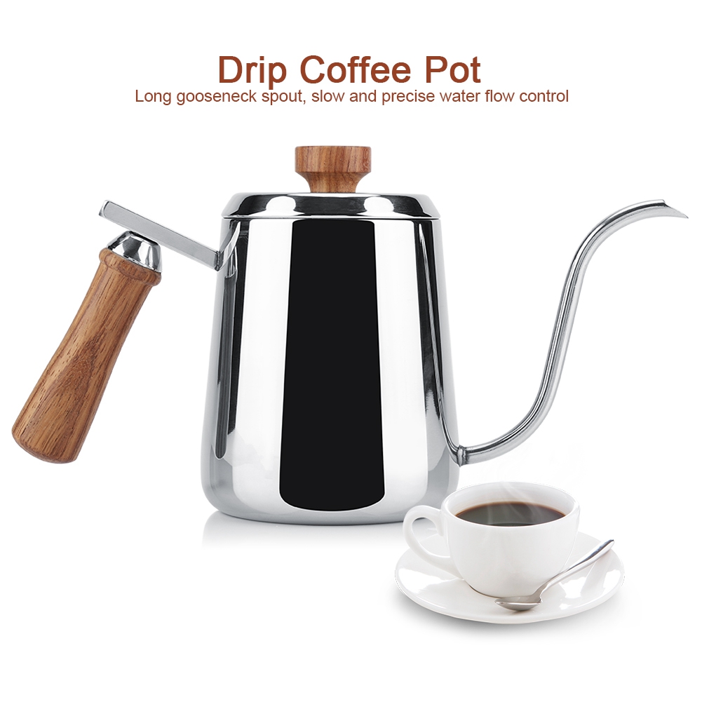 Filterkaffeemaschine Aus Edelstahl 304 Mit Holzgriff Und Langem Schwanenhalsauslauf (600 Ml)