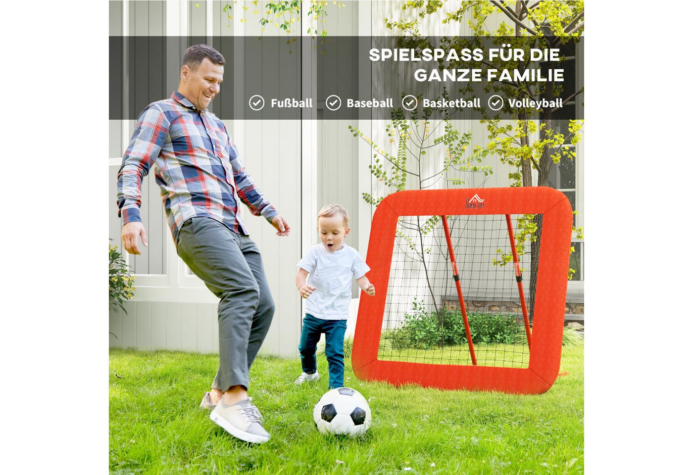 HOMCOM Fußball Rebounder Metall PE Polyester Rot 128L x 118B x 120H cm