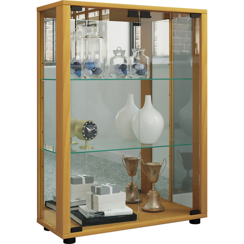 ebuy24 Sintalo Vitrinenschrank mit Spiegel 2 Glastüren Inkl LED-Leuchten Buche Dekor
