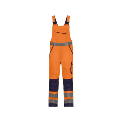 Malmedy Warnschutz Latzhose mit Kniepolstertaschen, neonorange/dunkelblau, Schrittlänge Plus, Größe 48