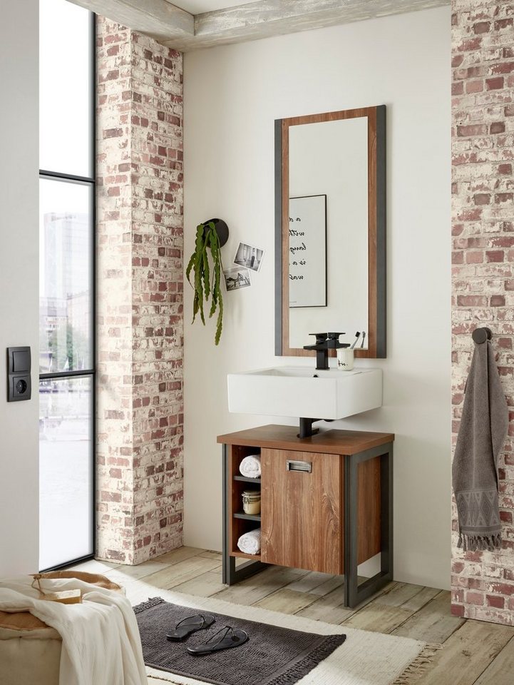 Home affaire Waschbeckenunterschrank Detroit, Waschtisch mit Apothekergriff, Badschrank im Industrialdesign Eiche Dekor, mit offenen Fächern & Stauraum, Breite 61 cm