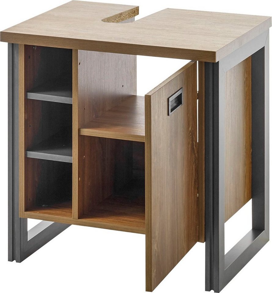 Home affaire Waschbeckenunterschrank Detroit, Waschtisch mit Apothekergriff, Badschrank im Industrialdesign Eiche Dekor, mit offenen Fächern & Stauraum, Breite 61 cm Bild 2