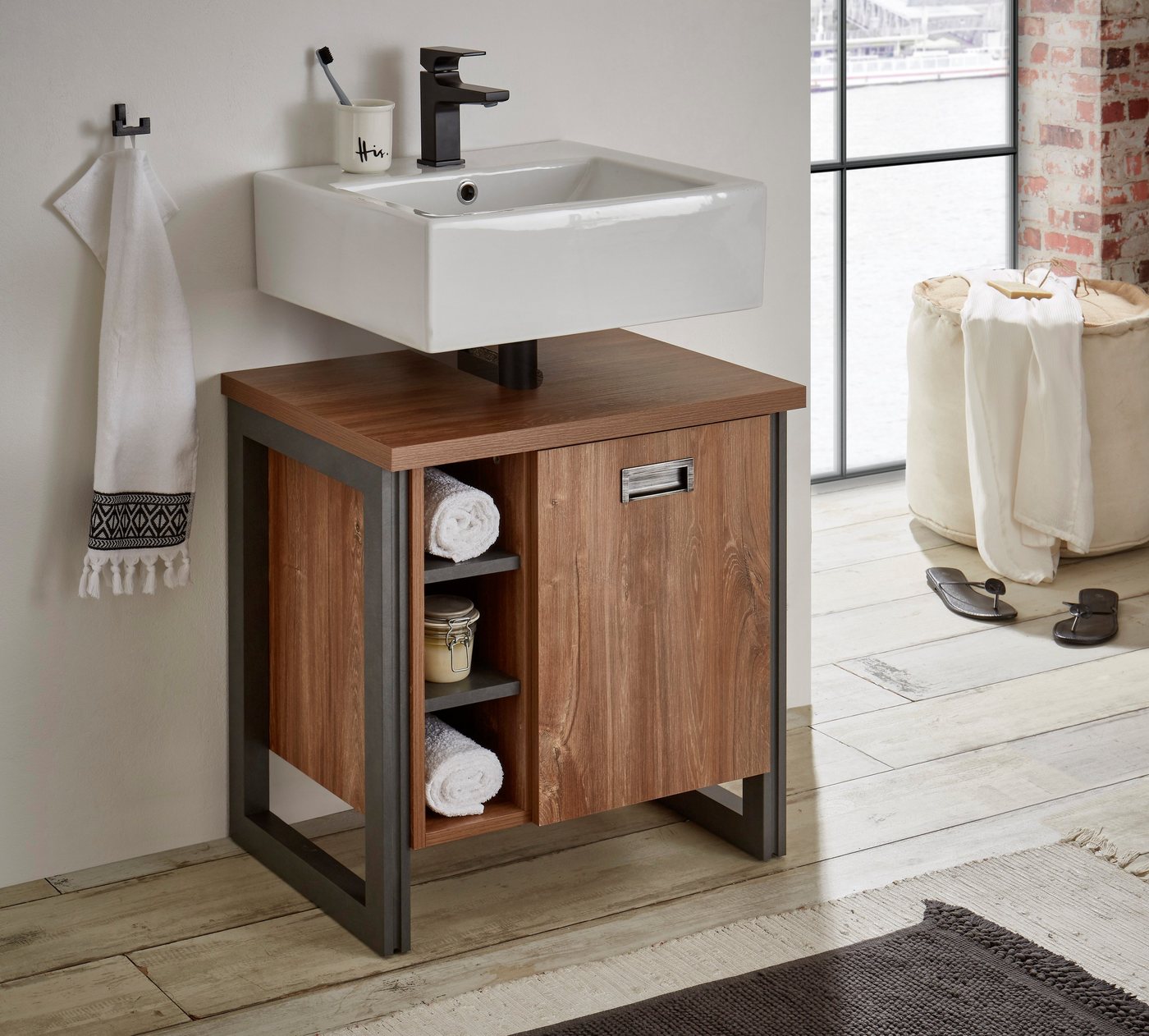 Home affaire Waschbeckenunterschrank Detroit, Waschtisch mit Apothekergriff, Badschrank im Industrialdesign Eiche Dekor, mit offenen Fächern & Stauraum, Breite 61 cm Bild 3
