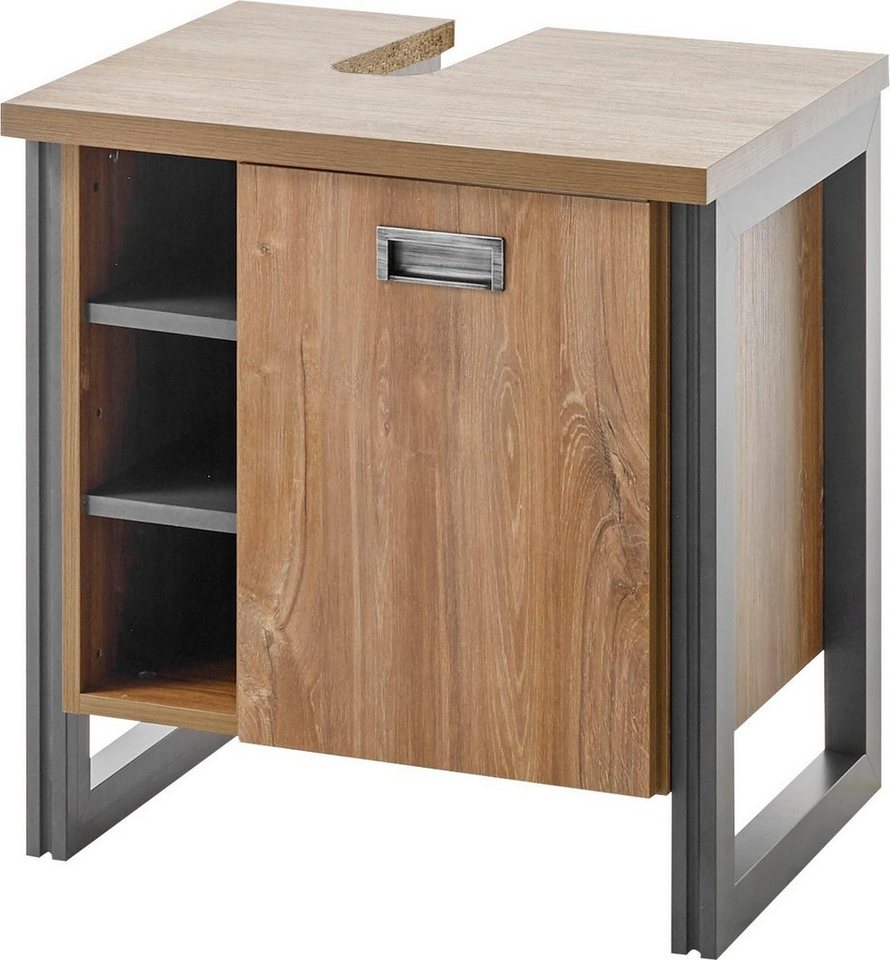 Home affaire Waschbeckenunterschrank Detroit, Waschtisch mit Apothekergriff, Badschrank im Industrialdesign Eiche Dekor, mit offenen Fächern & Stauraum, Breite 61 cm Bild 4