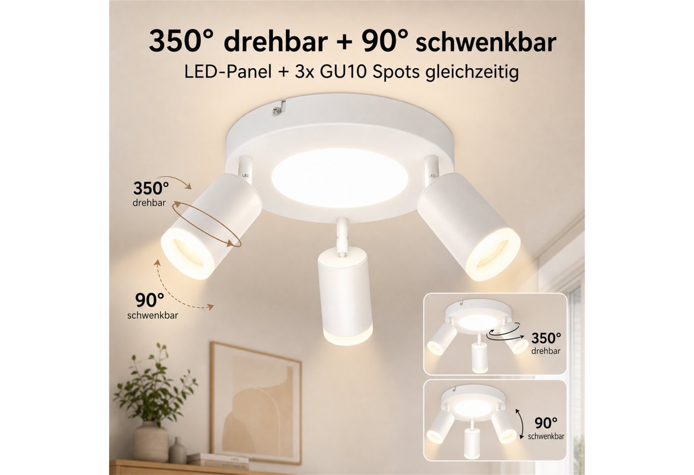 ZMH Deckenstrahler 3 Flammig Schwarz/Weiß GU10 Deckenlampe 20W 3000K für Flur und Küche, Einfache Installation, Warmweiß, Schwenkbar 350° Modern Küchenlampe Deckenspots Bild 2