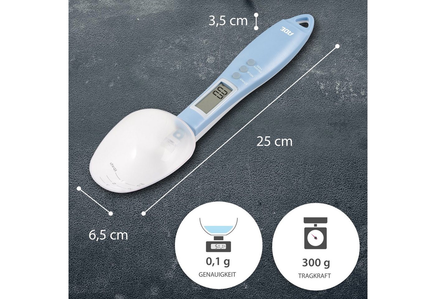 ADE Löffelwaage Digitale Löffelwaage mit abnehmbaren Löffelaufsatz, mit 0,1 g Einteilung, für Gewürze, Kaffee, Tee, Tierfutter bis 300g Bild 2