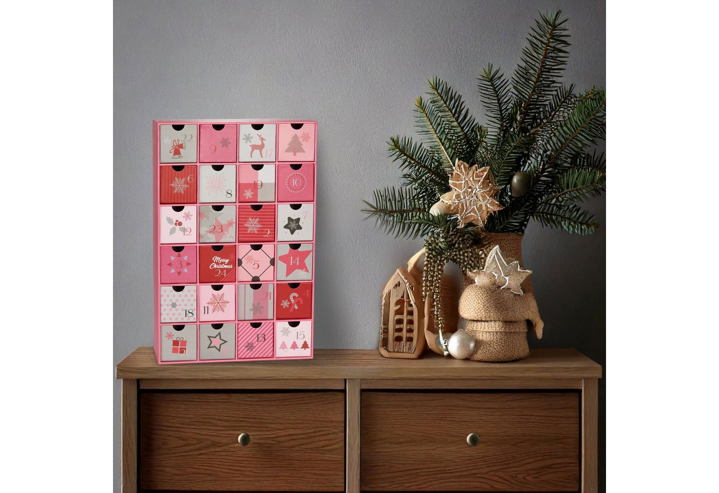BRUBAKER befüllbarer Adventskalender DIY Weihnachtskalender zum Befüllen für Frauen & Mädchen - Rosa Pink (1-tlg), Weihnachtszauber Kalender mit 24 Türchen - 39 cm
