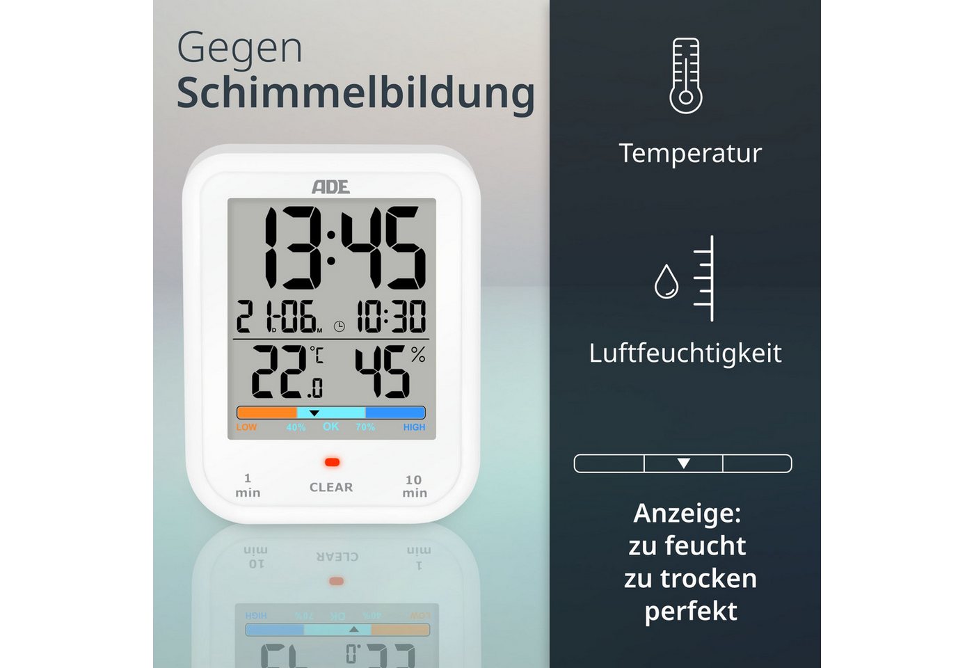 ADE Badezimmeruhr Duschuhr, IP65 wasserdicht, mit Duschtimer, Thermometer & Hygrometer (Baduhr mit Countdown, Uhrzeit & Datum, inkl. AAA Batterien)