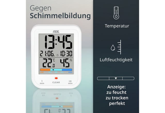ADE Badezimmeruhr Duschuhr, IP65 wasserdicht, mit Duschtimer, Thermometer & Hygrometer (Baduhr mit Countdown, Uhrzeit & Datum, inkl. AAA Batterien)