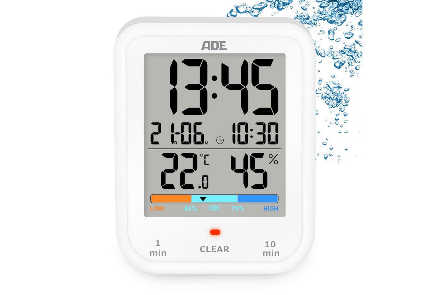 ADE Badezimmeruhr Duschuhr, IP65 wasserdicht, mit Duschtimer, Thermometer & Hygrometer (Baduhr mit Countdown, Uhrzeit & Datum, inkl. AAA Batterien) Bild 2