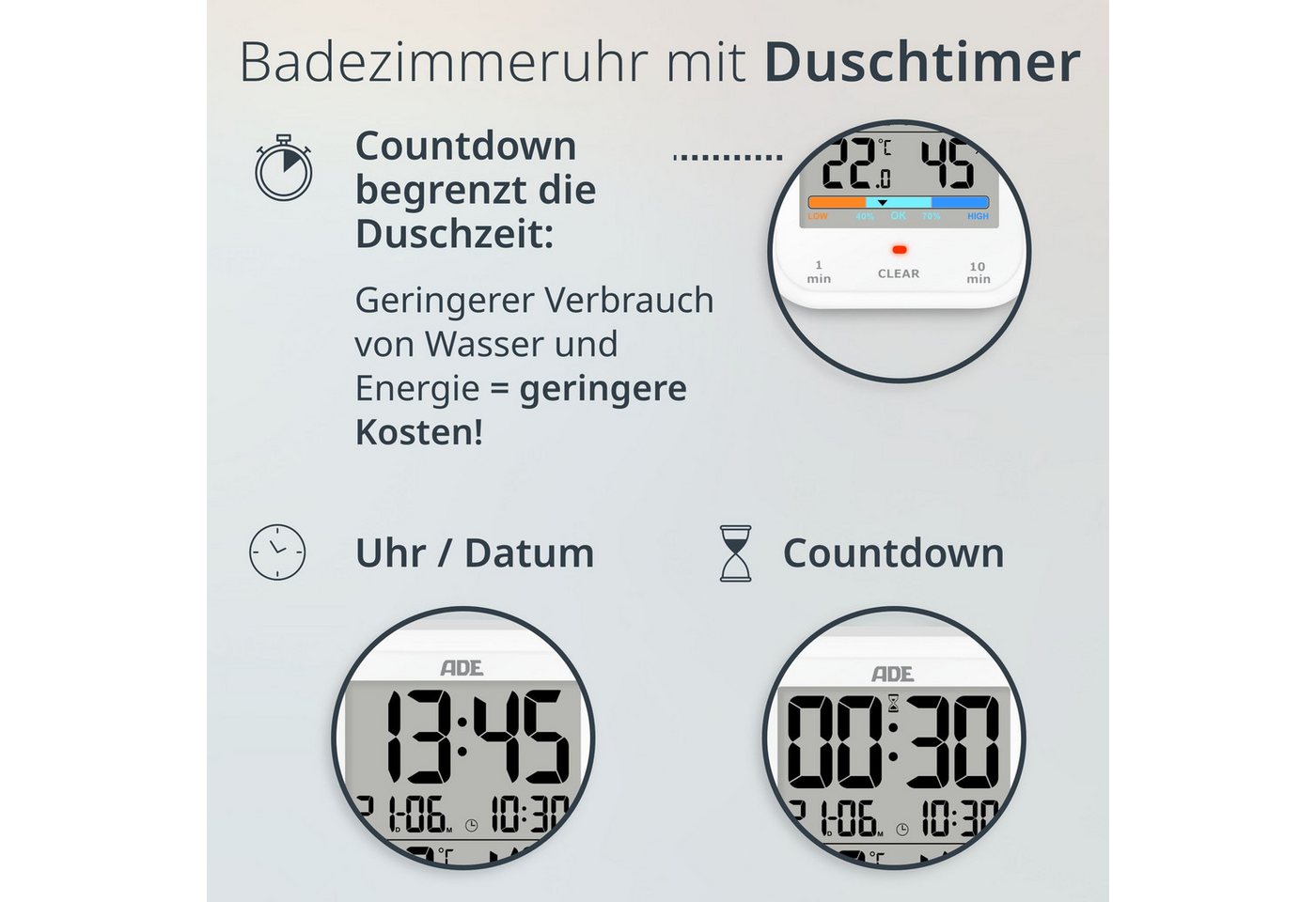 ADE Badezimmeruhr Duschuhr, IP65 wasserdicht, mit Duschtimer, Thermometer & Hygrometer (Baduhr mit Countdown, Uhrzeit & Datum, inkl. AAA Batterien) Bild 3
