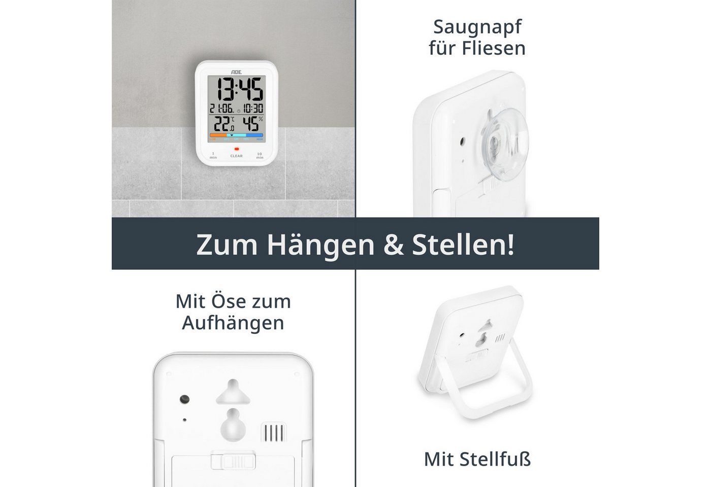 ADE Badezimmeruhr Duschuhr, IP65 wasserdicht, mit Duschtimer, Thermometer & Hygrometer (Baduhr mit Countdown, Uhrzeit & Datum, inkl. AAA Batterien) Bild 5
