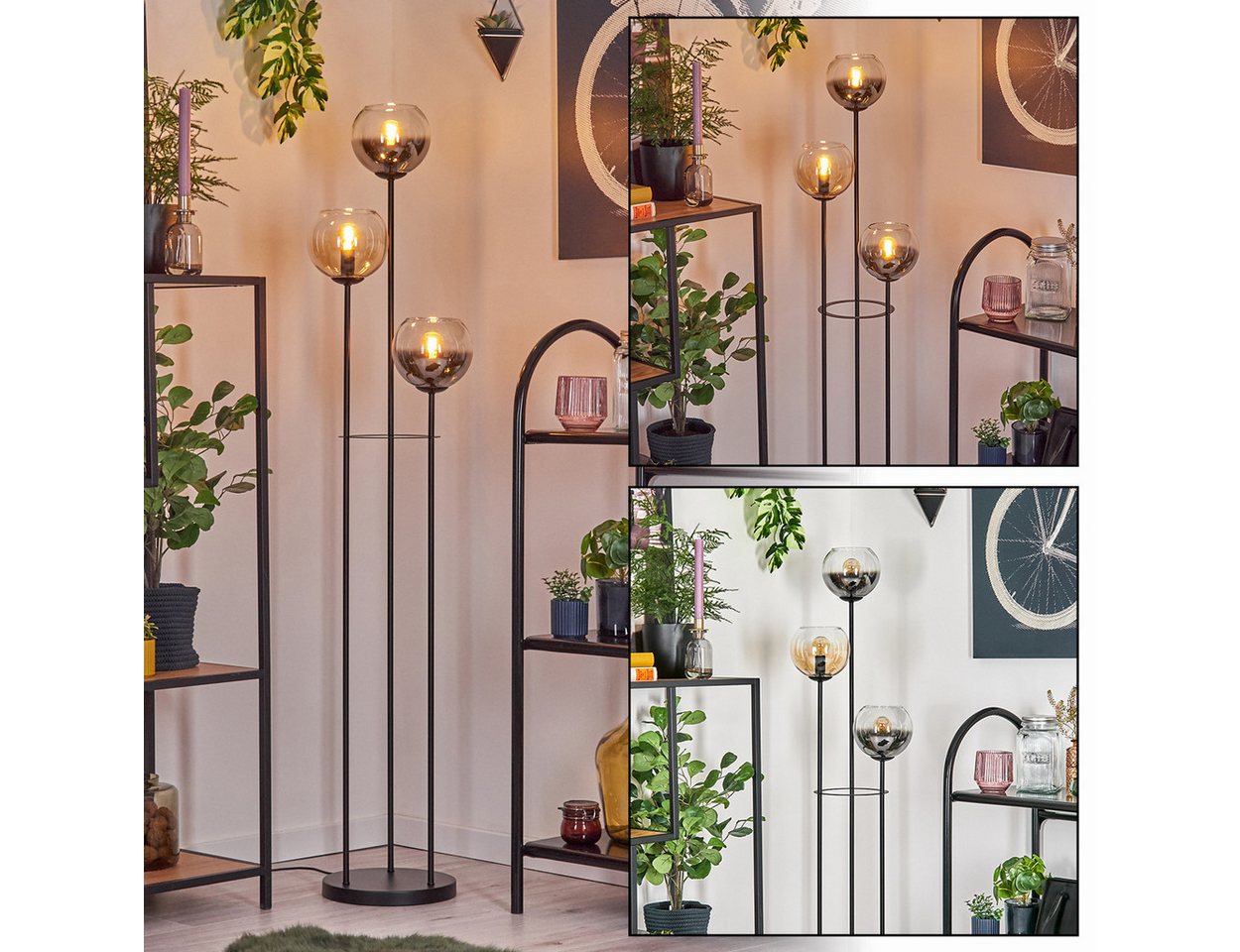 hofstein Stehlampe Stehlampe aus Metall/Glas in Schwarz/Rauch-/Bernsteinfarben/Klar, ohne Leuchtmittel, Stehleuchte im Retro-Design m. Glasschirmen (15cm), Fußschalter, E14