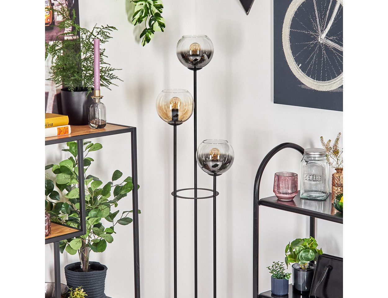 hofstein Stehlampe Stehlampe aus Metall/Glas in Schwarz/Rauch-/Bernsteinfarben/Klar, ohne Leuchtmittel, Stehleuchte im Retro-Design m. Glasschirmen (15cm), Fußschalter, E14 Bild 3