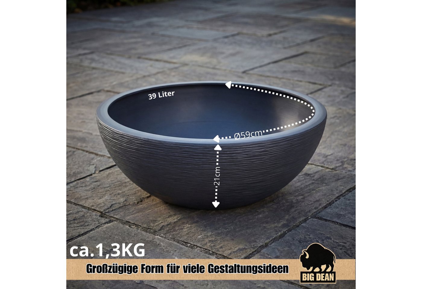 BigDean Pflanzschale XL Pflanzschale 59cm – moderne Rundschale mit Rillenstruktur (Stück, 1 St., Pflanzschale), Wetterfest, frostbeständig, bruchsicher und leicht