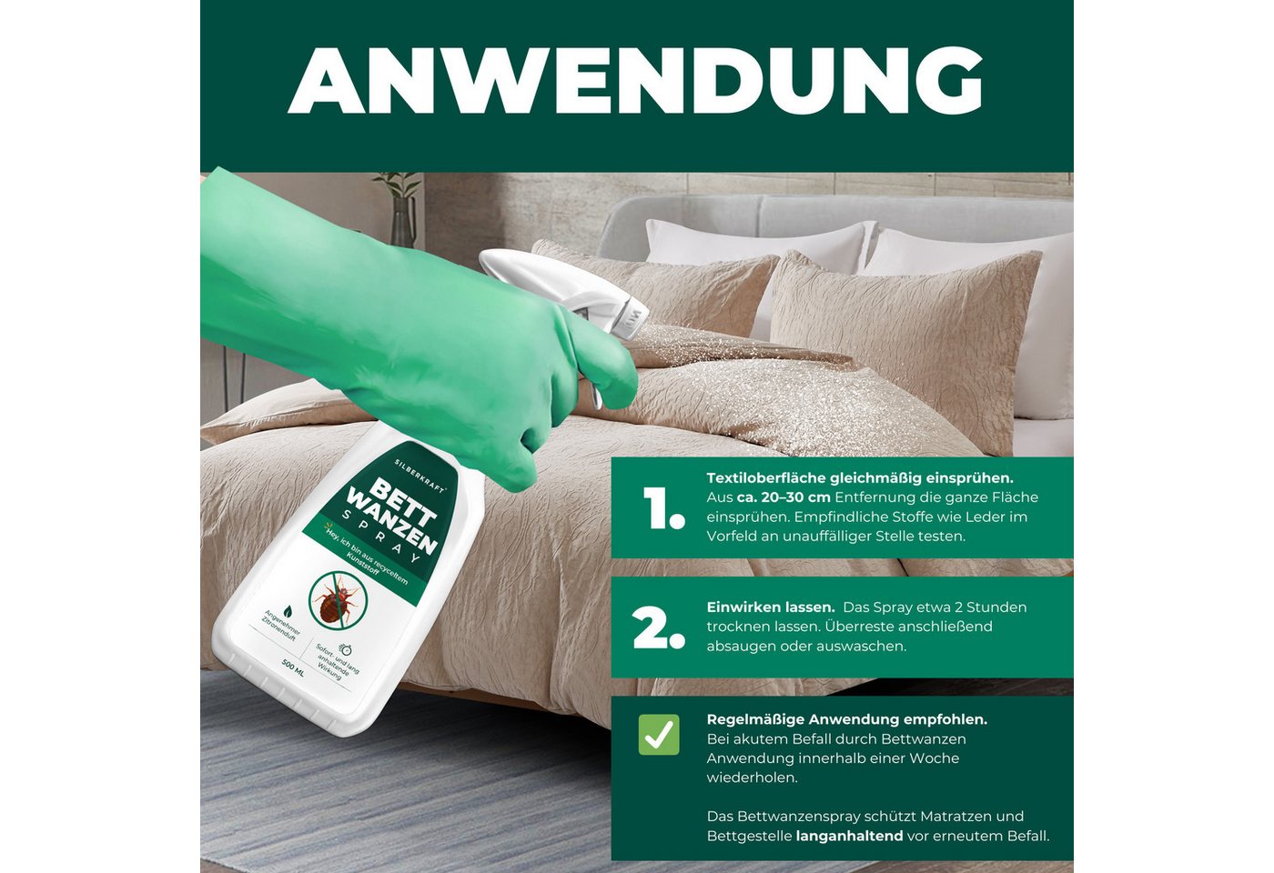 Silberkraft Insektenspray Silberkraft Bettwanzenspray, hält Textilien frei von Bettwanzen, 500 ml, 4-St., Sofortige & langanhaltende Wirkung gegen Bettwanzen, ohne Permethrin