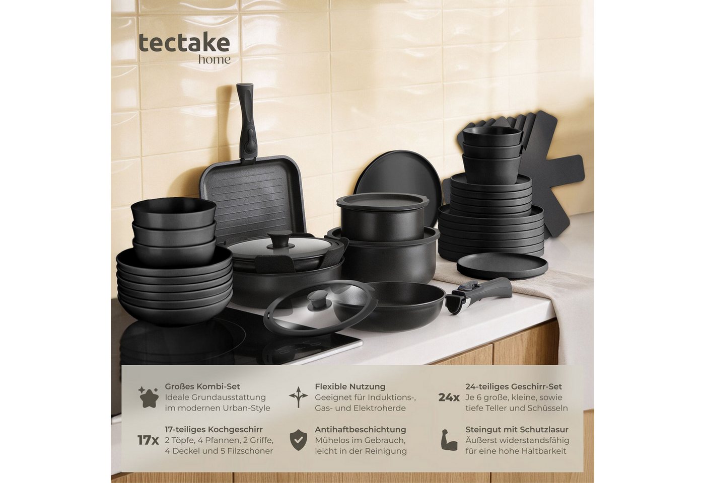 tectake Kochbesteck-Set Küchenstarterset aus Steingut mit Glasur, hitzebeständig und (Geschirrset Una/Parma, 41-tlg., in schwarz), rostfreies Aluminium mit Antihaftbeschichtung, induktionsgeeignet
