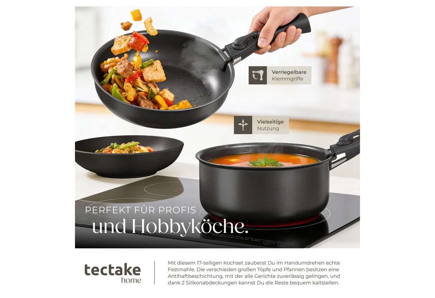 tectake Kochbesteck-Set Küchenstarterset aus Steingut mit Glasur, hitzebeständig und (Geschirrset Una/Parma, 41-tlg., in schwarz), rostfreies Aluminium mit Antihaftbeschichtung, induktionsgeeignet Bild 2