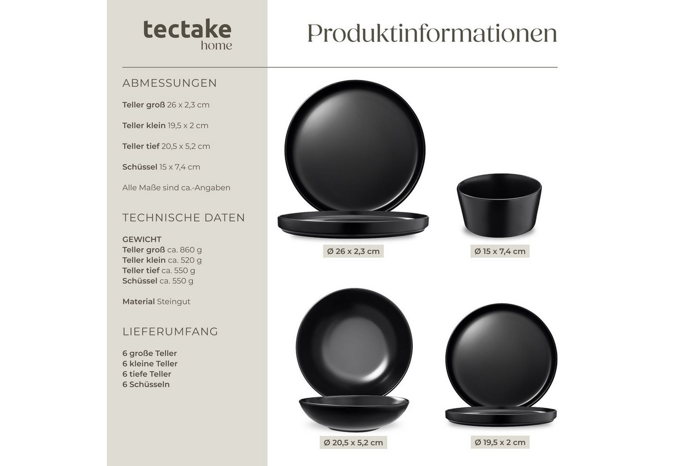 tectake Kochbesteck-Set Küchenstarterset aus Steingut mit Glasur, hitzebeständig und (Geschirrset Una/Parma, 41-tlg., in schwarz), rostfreies Aluminium mit Antihaftbeschichtung, induktionsgeeignet Bild 3