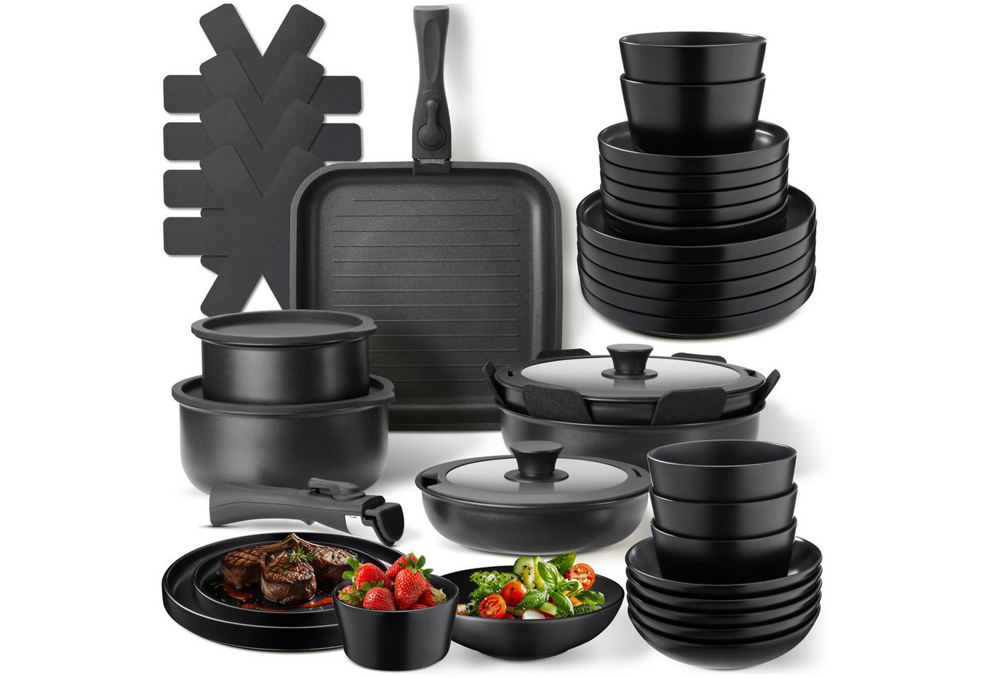 tectake Kochbesteck-Set Küchenstarterset aus Steingut mit Glasur, hitzebeständig und (Geschirrset Una/Parma, 41-tlg., in schwarz), rostfreies Aluminium mit Antihaftbeschichtung, induktionsgeeignet Bild 4