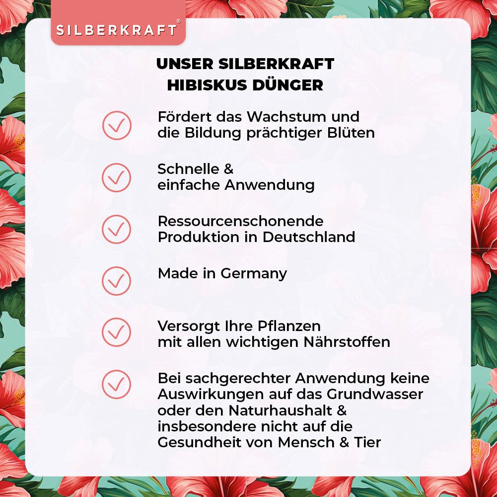 Silberkraft Pflanzenstärkungsmittel Hibiskus Dünger - Mineralischer NPK Flüssigdünger mit Stickstoff, 1 L, Spezialdünger für Hibiskus & Roseneibisch, Für Wachstum, leuchtende Blüten & gesunde Pflanzenentwicklung