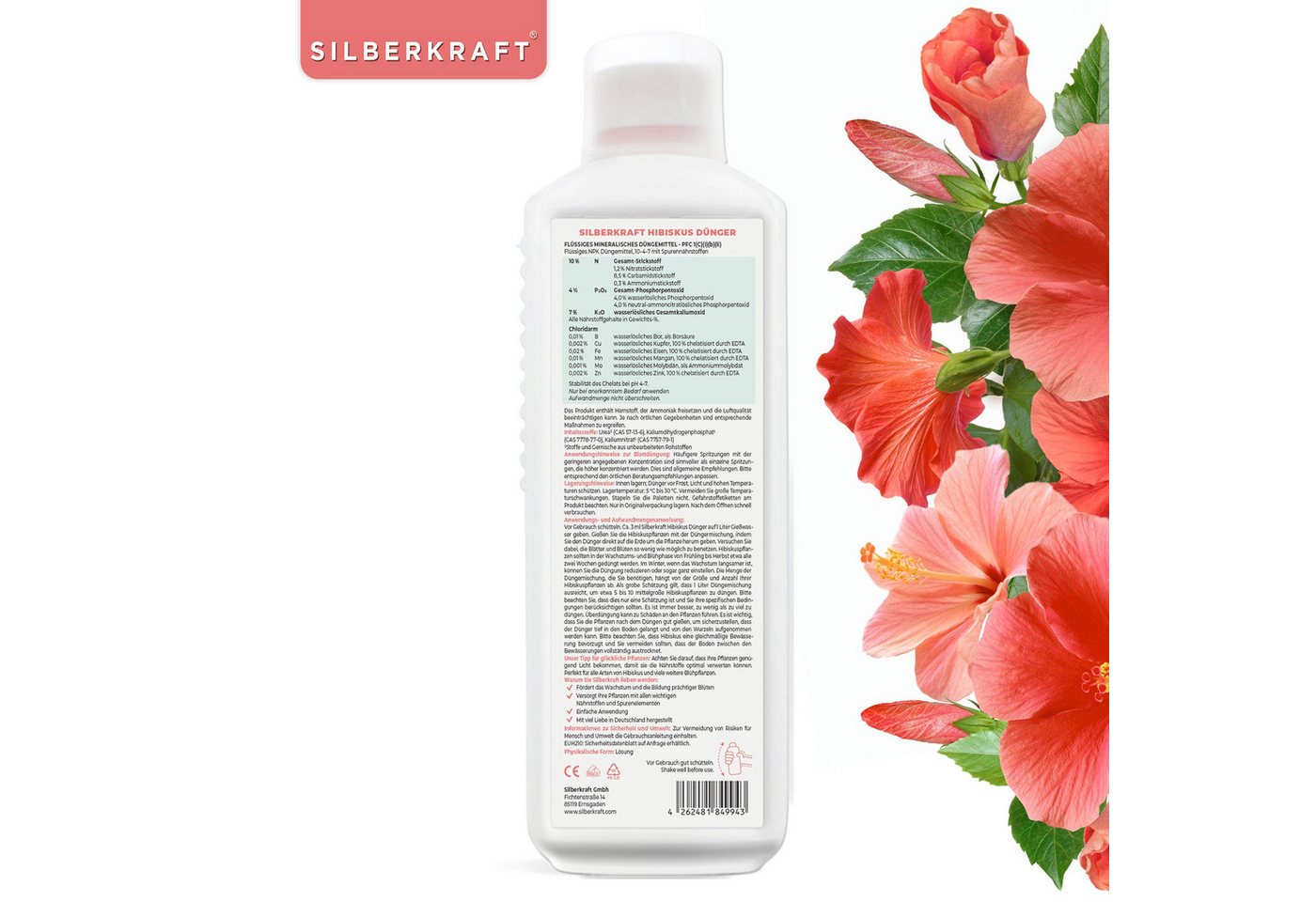 Silberkraft Pflanzenstärkungsmittel Hibiskus Dünger - Mineralischer NPK Flüssigdünger mit Stickstoff, 1 L, Spezialdünger für Hibiskus & Roseneibisch, Für Wachstum, leuchtende Blüten & gesunde Pflanzenentwicklung Bild 2