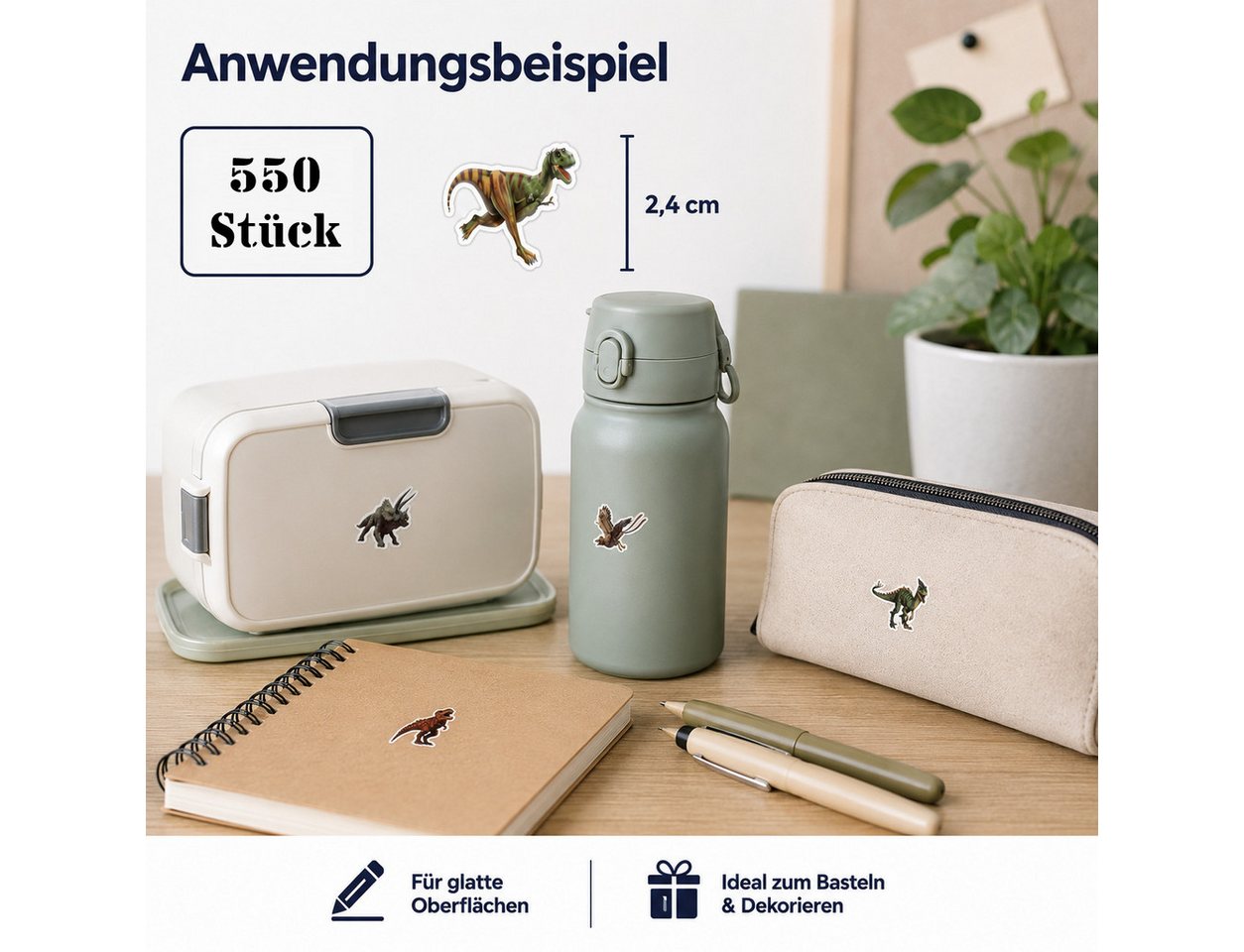 Ware aus aller Welt Sticker 550 Dinosaurier Sticker selbstklebend 2,4 cm verschiedene Dino-Motive, (550-tlg)