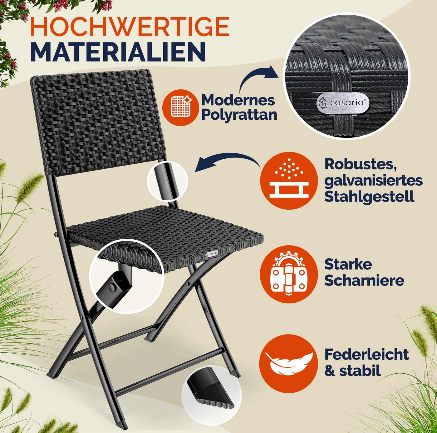 Casaria Klappstuhl Rom (4 St), Polyrattan 4er Set 120kg Belastbarkeit Platzsparend Klappbar Leicht
