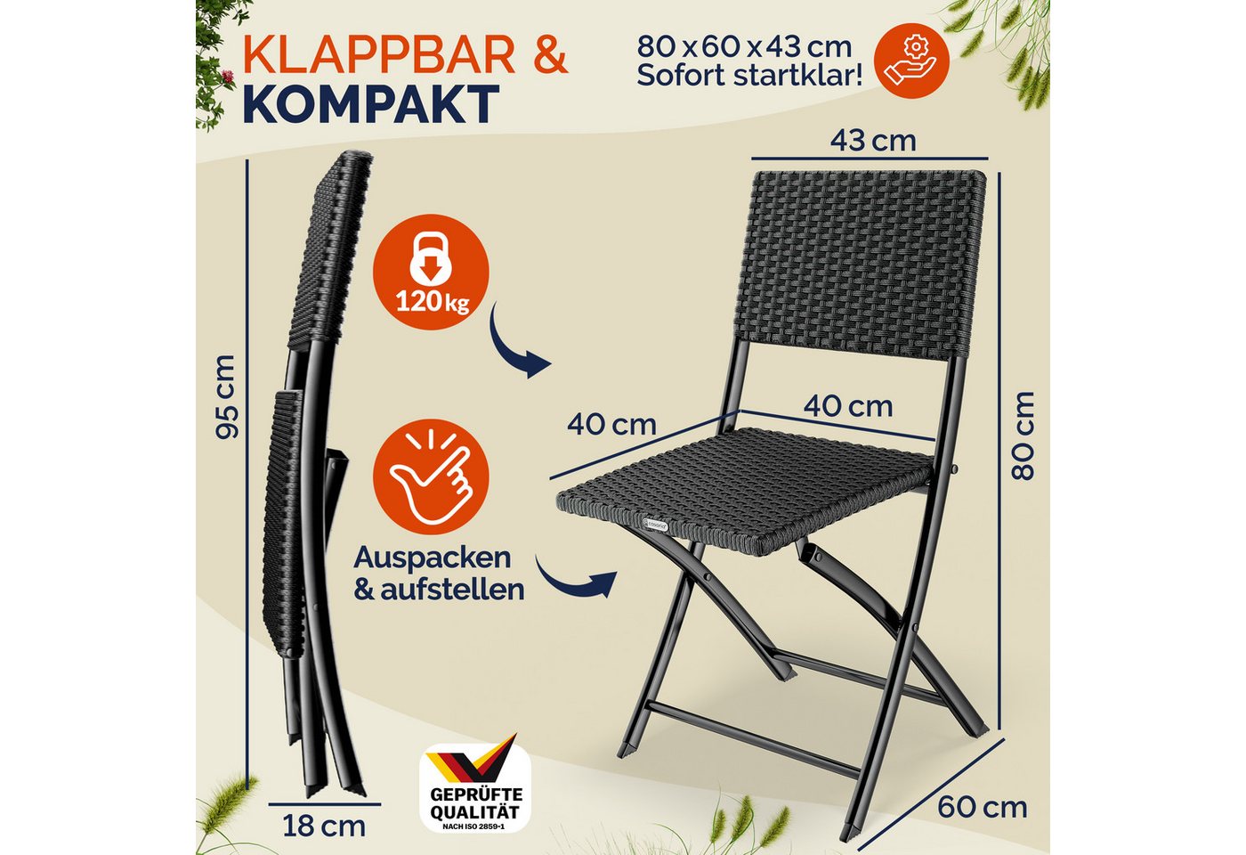 Casaria Klappstuhl Rom (4 St), Polyrattan 4er Set 120kg Belastbarkeit Platzsparend Klappbar Leicht Bild 2