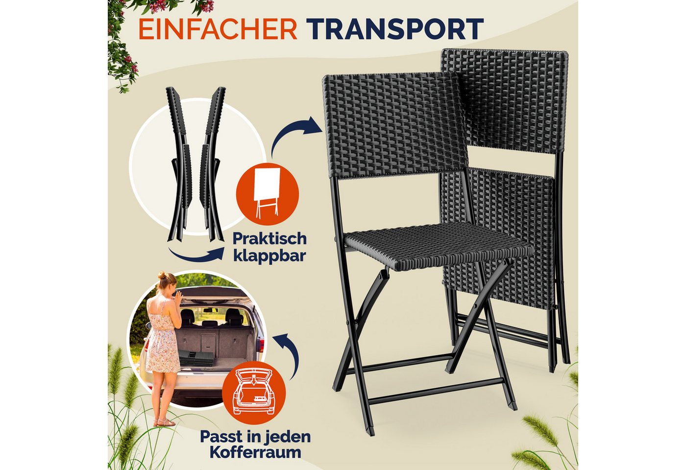 Casaria Klappstuhl Rom (4 St), Polyrattan 4er Set 120kg Belastbarkeit Platzsparend Klappbar Leicht Bild 4