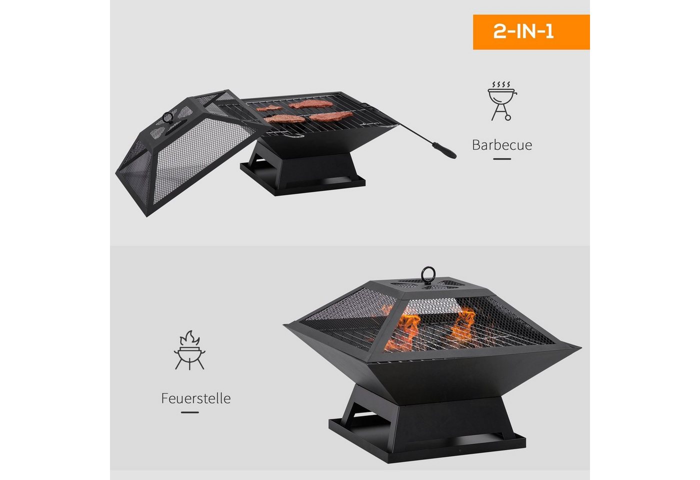 Outsunny Feuerschale für Garten Camping BBQ, (Grillrost, 1-St., Feuerschale mit Funkenschutz), Stahl Schwarz 45 x 45 x 34 cm