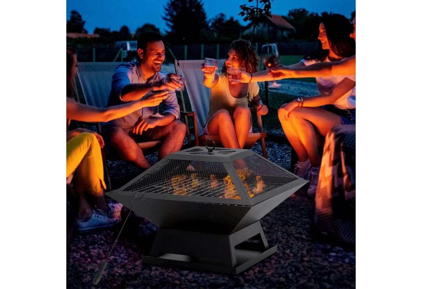 Outsunny Feuerschale für Garten Camping BBQ, (Grillrost, 1-St., Feuerschale mit Funkenschutz), Stahl Schwarz 45 x 45 x 34 cm Bild 2