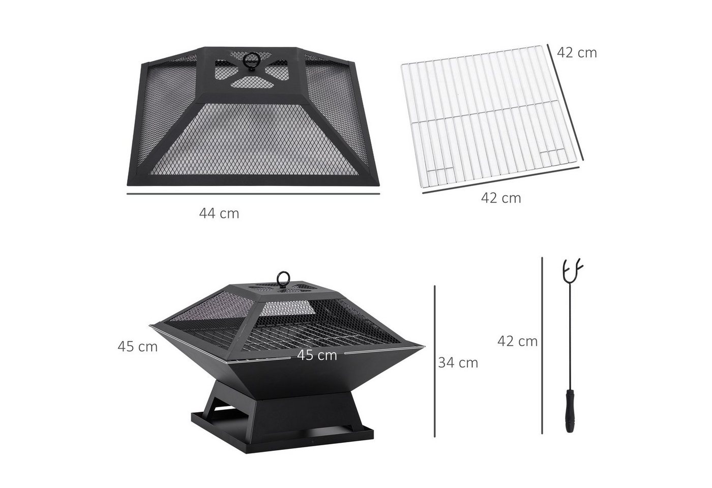 Outsunny Feuerschale für Garten Camping BBQ, (Grillrost, 1-St., Feuerschale mit Funkenschutz), Stahl Schwarz 45 x 45 x 34 cm Bild 3