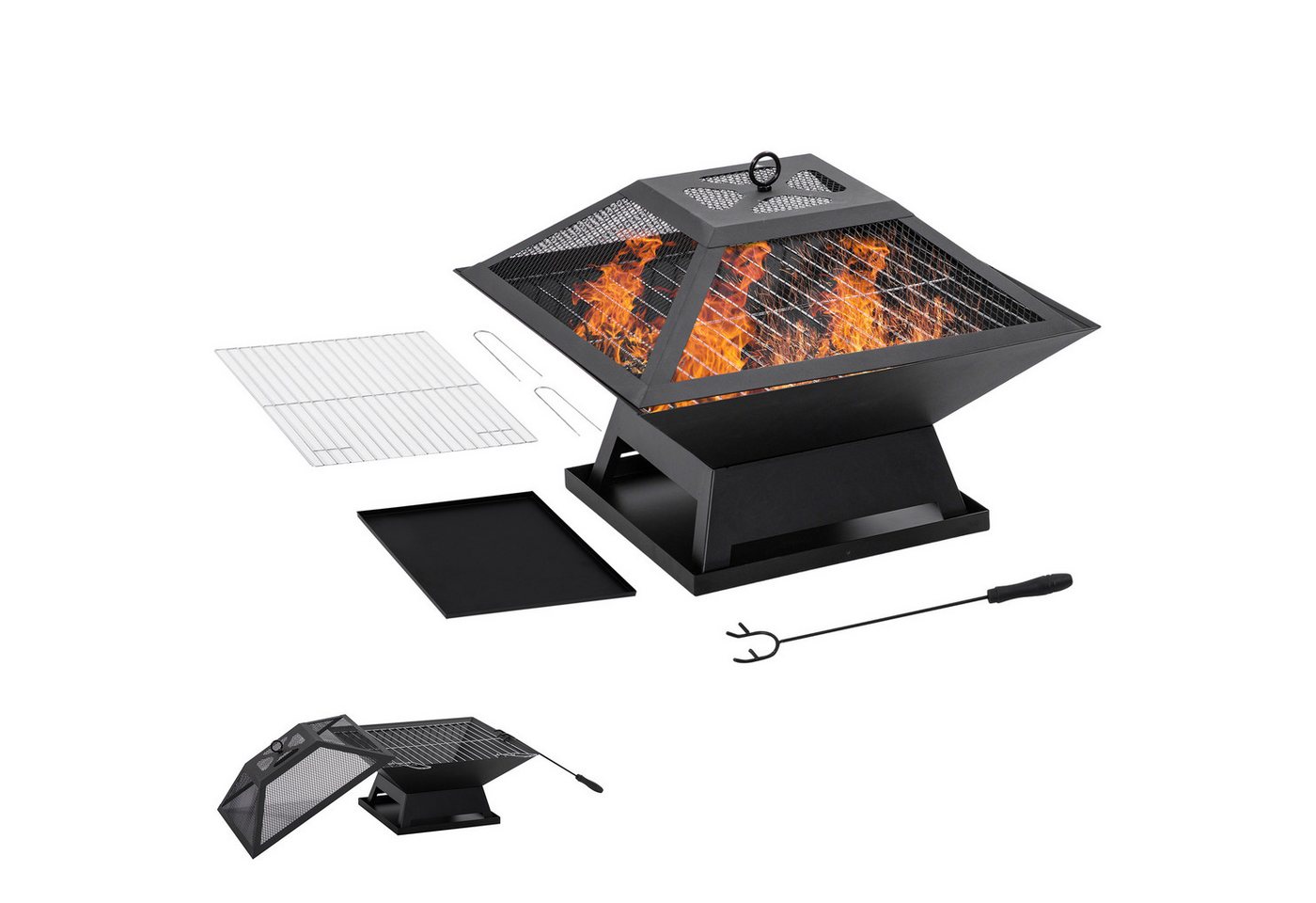 Outsunny Feuerschale für Garten Camping BBQ, (Grillrost, 1-St., Feuerschale mit Funkenschutz), Stahl Schwarz 45 x 45 x 34 cm Bild 4