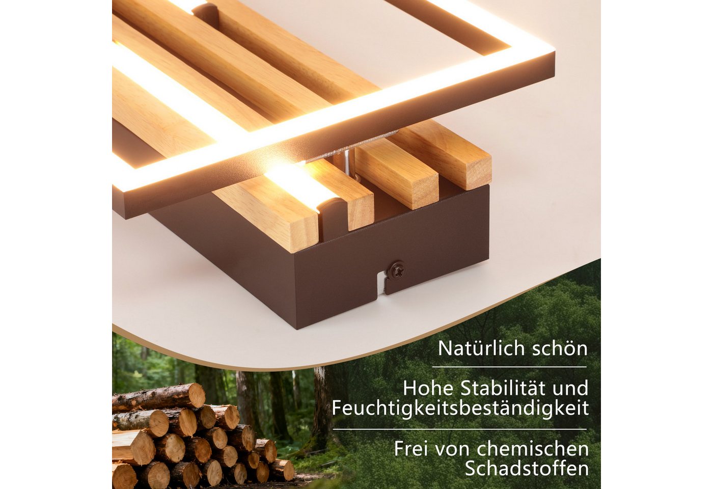 Nettlife LED Deckenleuchte Dimmbar Holz 2/3/4 Ringe Modern Deckenlampe Wohnzimmer, LED fest integriert, 24W 38*20.9*6.8CM für Schlafzimmer Büro Küche