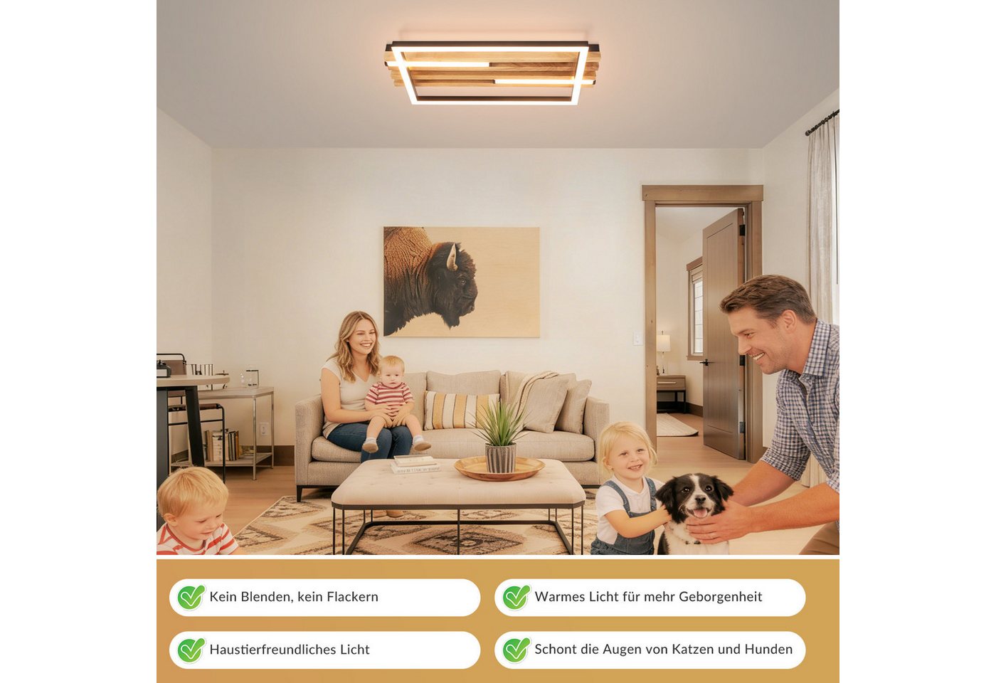 Nettlife LED Deckenleuchte Dimmbar Holz 2/3/4 Ringe Modern Deckenlampe Wohnzimmer, LED fest integriert, 24W 38*20.9*6.8CM für Schlafzimmer Büro Küche Bild 2
